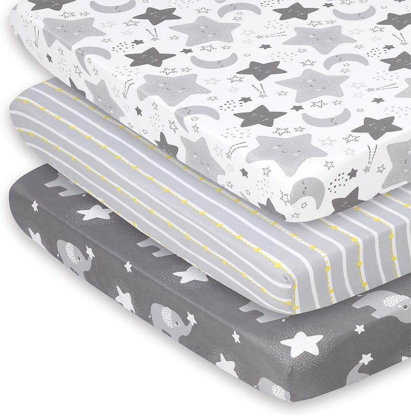 The Peanut Shell Mini Crib Fitted Sheets Set, Playard, Pack Play Sheets, Playpen, Elephant Stars - Image 1
